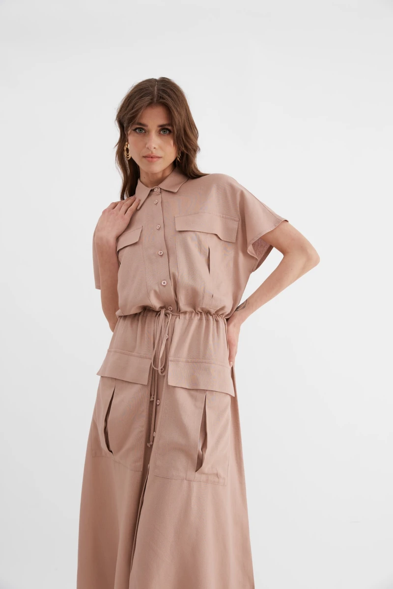 Latte midi linen waistband dress with pockets