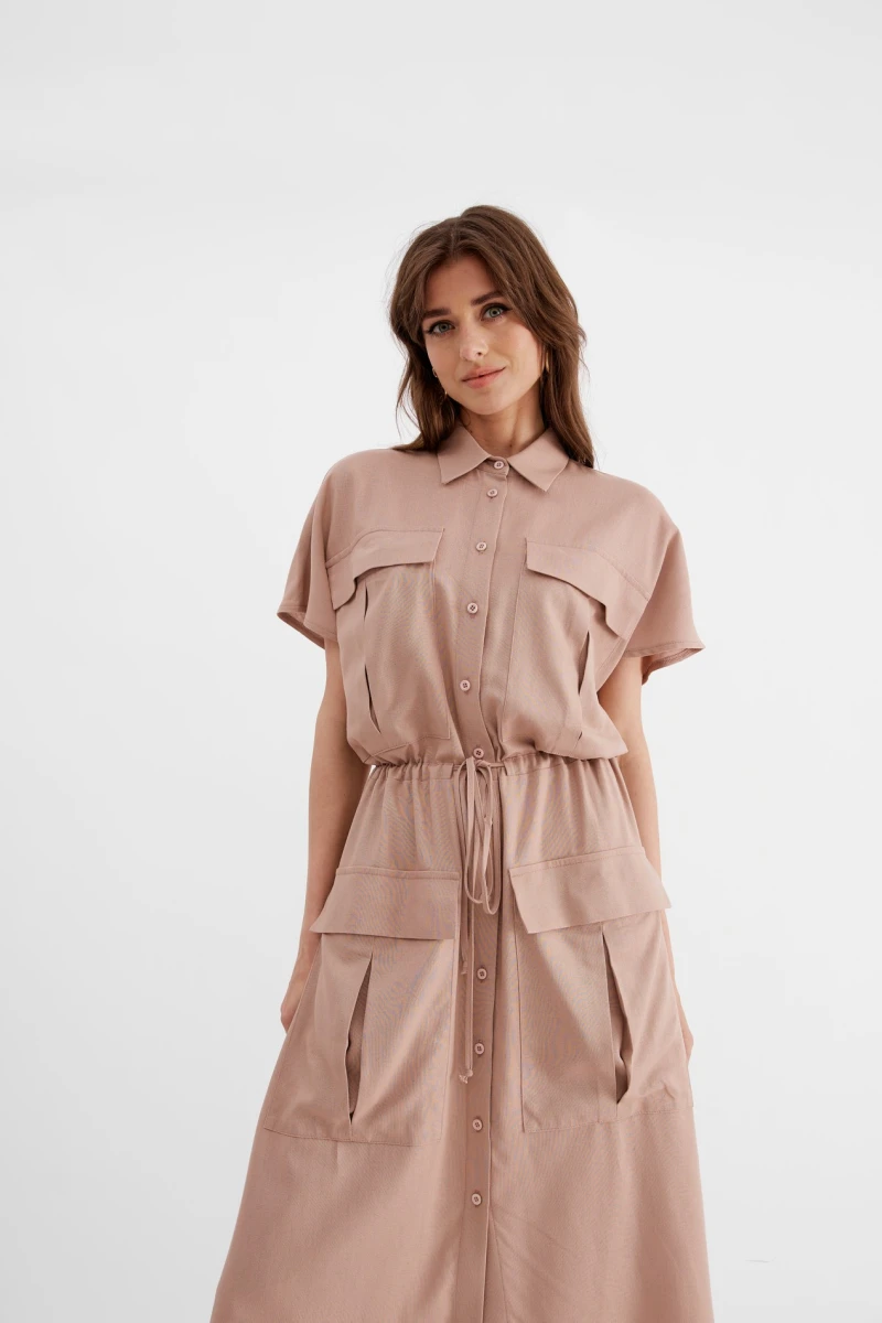 Latte midi linen waistband dress with pockets