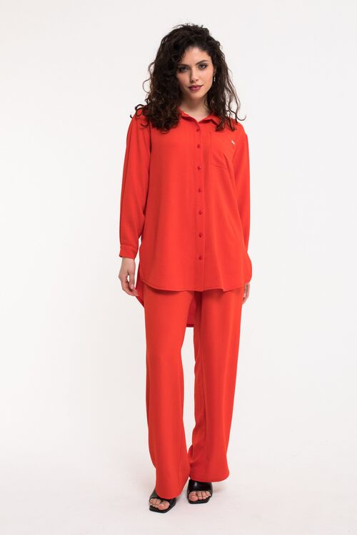 Red suit with blouse and palazzo trousers made of crushed viscose