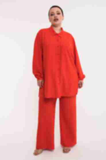 Red suit with blouse and palazzo trousers made of crushed viscose plus size