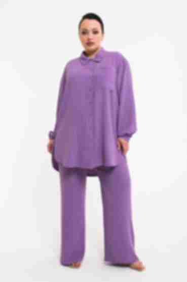 Purple suit with blouse and palazzo trousers made of crushed viscose plus size