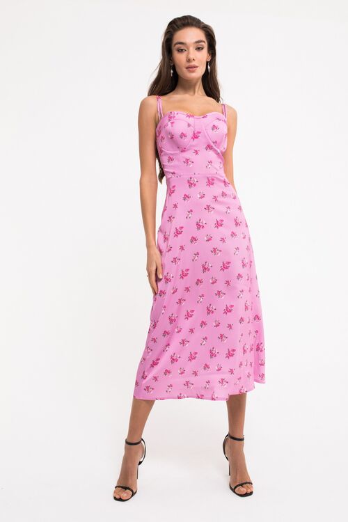 Pink midi artificial silk sundress with ties in roses