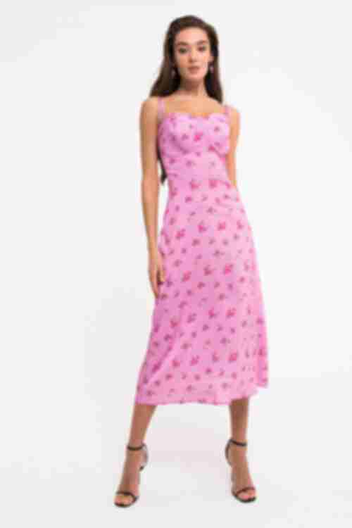Pink midi artificial silk sundress with ties in roses