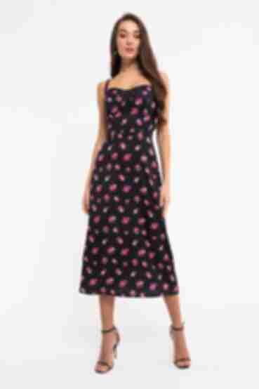 Black midi artificial silk sundress with ties in roses