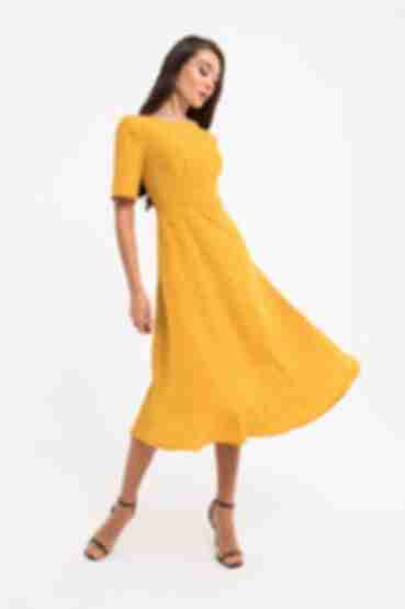 Mustard demi soft rayon dress with A-line skirt in milky dots
