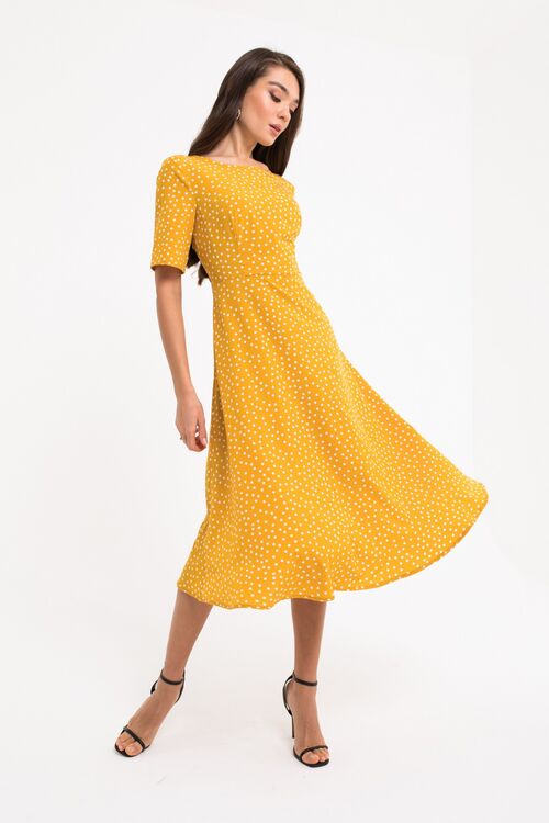 Mustard demi soft rayon dress with A-line skirt in milky dots