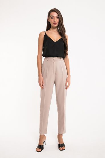 Women's beige tapered trousers made of suiting fabric