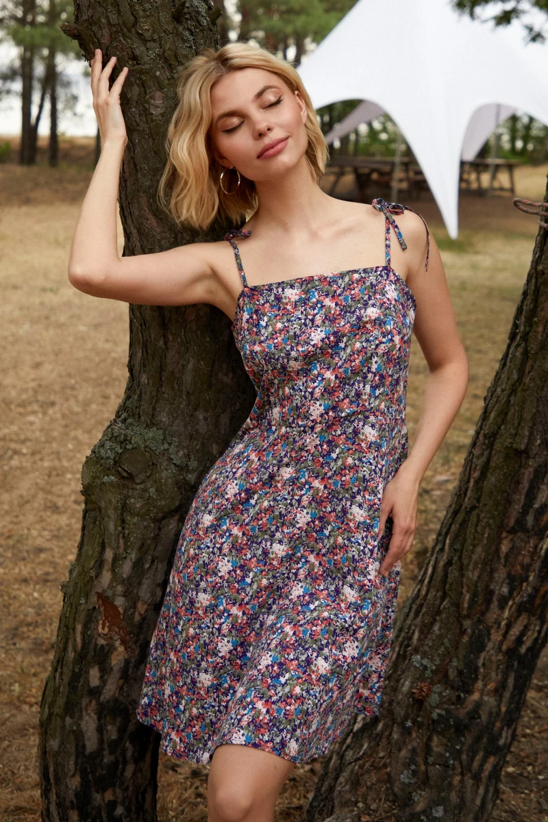 Purple mini staple cotton sundress with thin straps in small flowers