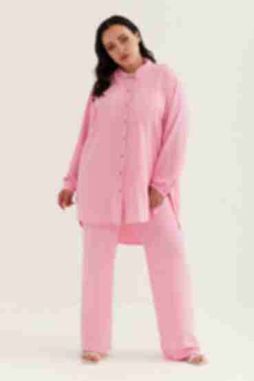 Костюм блуза и брюки палаццо вискоза жатка розовый большой размер