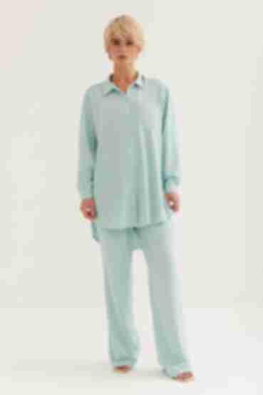 Menthol crushed viscose suit with blouse and palazzo trousers