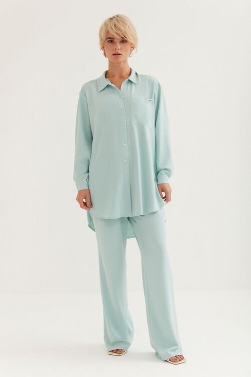 Menthol crushed viscose suit with blouse and palazzo trousers