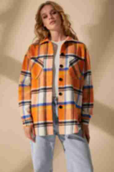 Orange oversize knitted shirt in blue and yellow checks