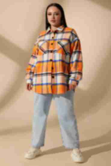 Orange oversize knitted shirt in blue and yellow checks plus size