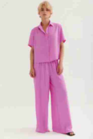Костюм блуза з коротким рукавом та брюки палацо віскоза жатка яскраво-фіолетовий