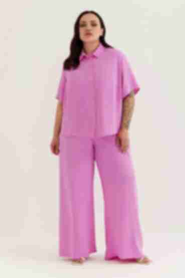 Костюм блуза с коротким рукавом и брюки вискоза жатка ярко-фиолетовый большой размер