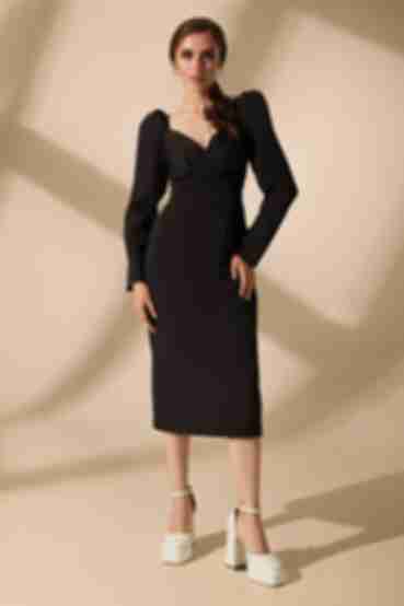 Black midi sheath dress with wrap top made of suiting fabric