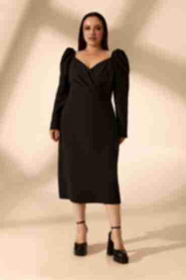 Black midi sheath dress with wrap top made of suiting fabric plus size
