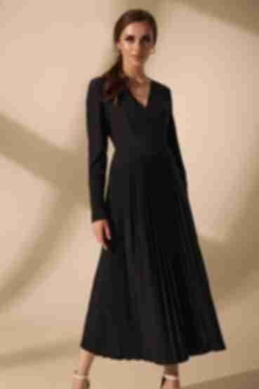 Black midi pleated wrap dress made of suiting fabric