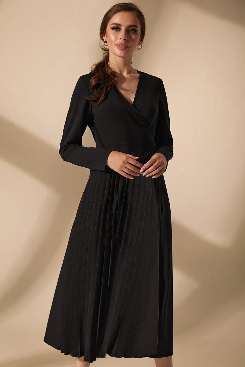 Black midi pleated wrap dress made of suiting fabric #2