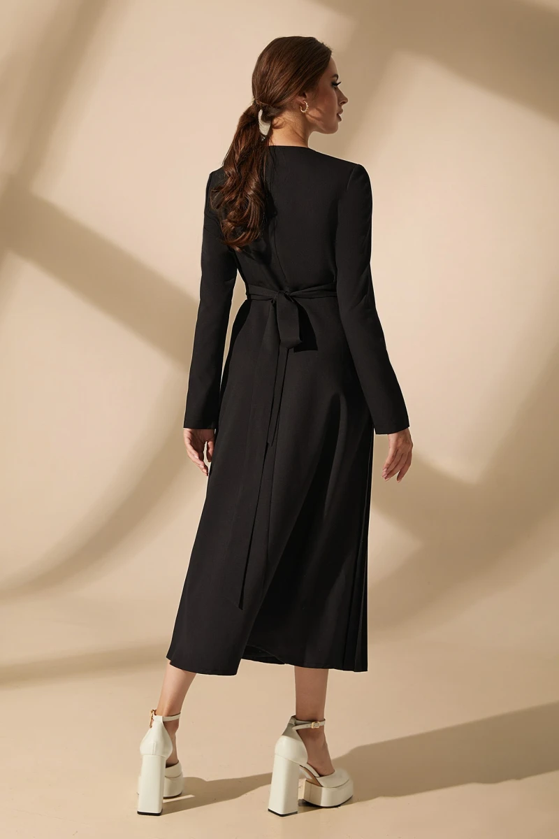 Black midi pleated wrap dress made of suiting fabric