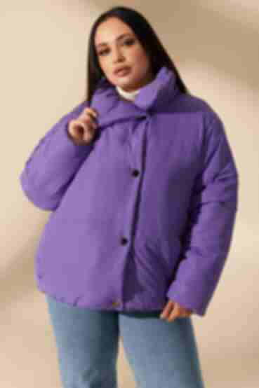 Purple short jacket with snap buttons made of raincoat fabric plus size