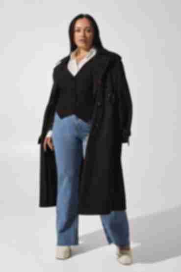 Black midi oversize cotton trench coat plus size