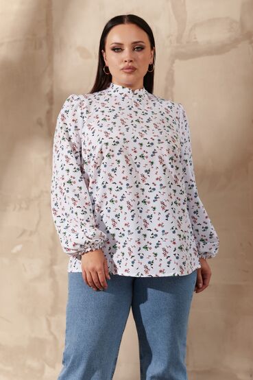 Milky soft rayon blouse with band collar in orange and taffy flowers plus size