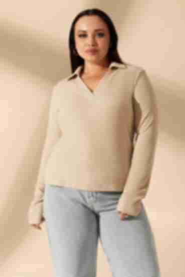 Beige longsleeve with a V-neck made of ribbed knitted fabric plus size
