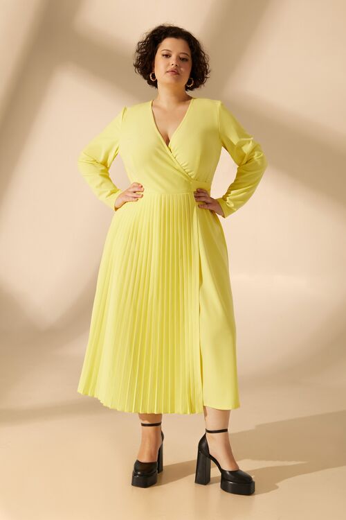 Lemon midi pleated wrap dress made of suiting fabric plus size