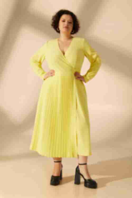 Lemon midi pleated wrap dress made of suiting fabric plus size