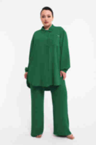 Костюм блуза та брюки палацо жатка віскоза смарагдовий великий розмір