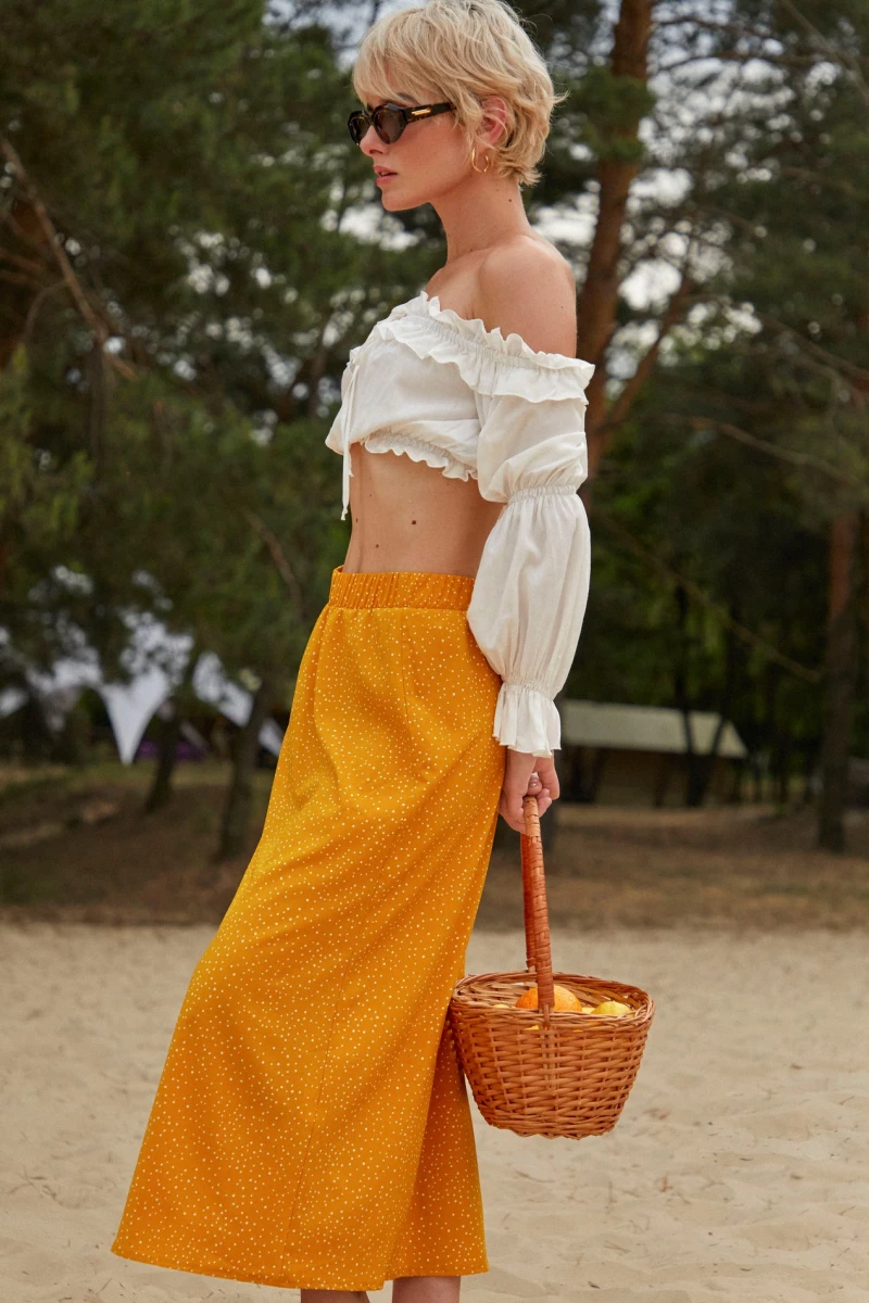 Mustard midi soft rayon skirt in milky polka dots #2