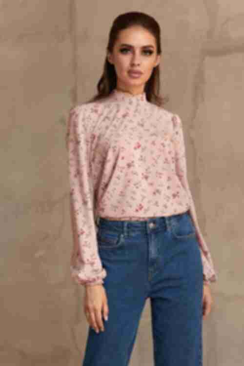 Blush soft rayon blouse with band collar in red flowers
