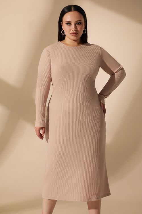 Beige sheath dress made of ribbed knitted fabric plus size