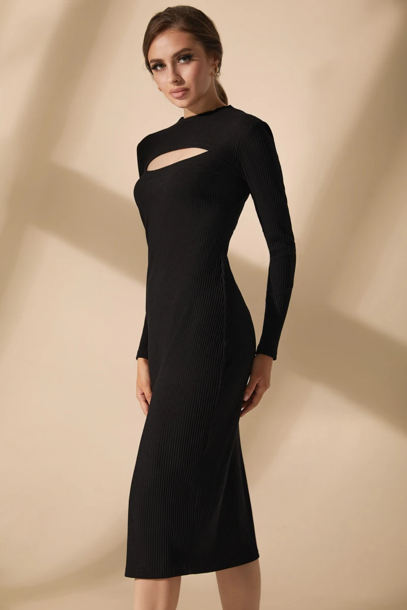 Black sheath dress with slit made of ribbed knitted fabric