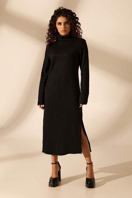 Black midi straight angora dress with a turtleneck