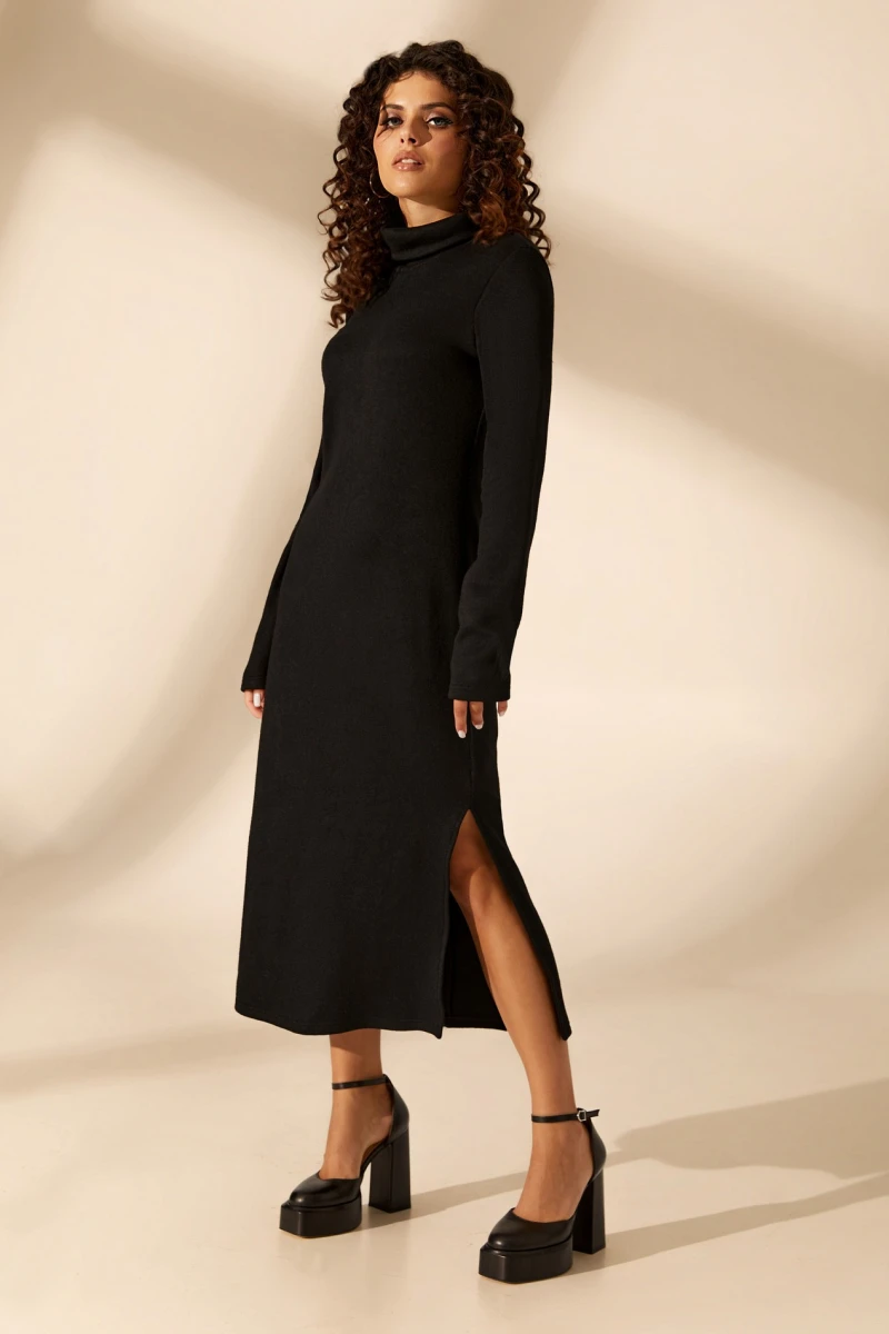 Black midi straight angora dress with a turtleneck
