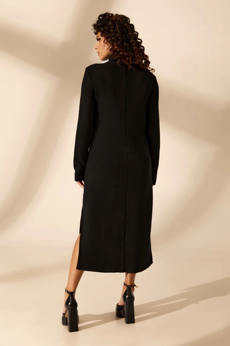 Black midi straight angora dress with a turtleneck