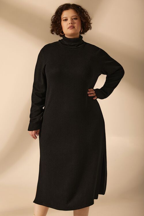 Black midi straight angora dress with a turtleneck plus size