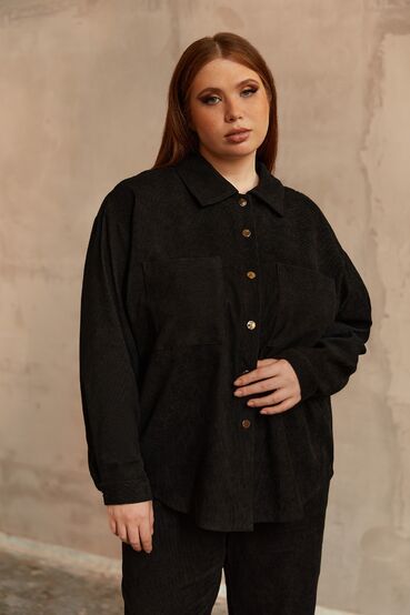 Black corduroy suit with shirt and tapered trousers plus size #2