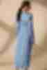 Платье с объемными рукавами миди искусственный шелк молочные капли на голубом