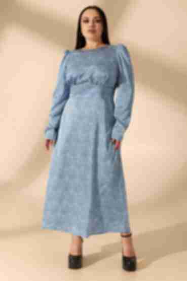 Платье с объемными рукавами миди искусственный шелк молочные капли на голубом большой размер