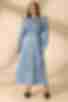 Сукня з об'ємними рукавами міді штучний шовк молочні краплини на блакитному великий розмір