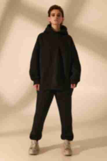 Black knitted suit with fleece with hoodie with pockets and trousers
