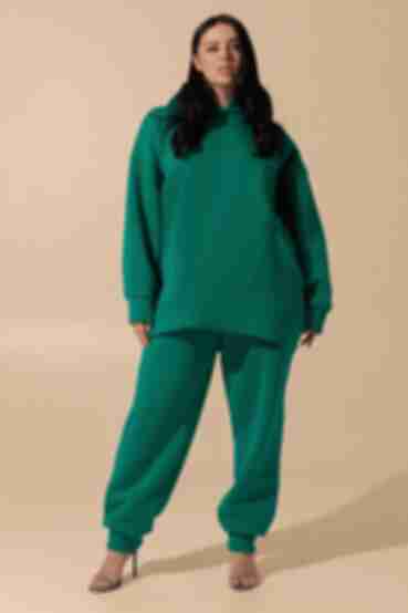 Emerald knitted suit with fleece with hoodie with pockets and trousers plus size