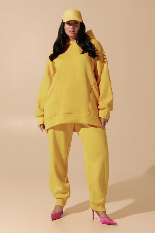 Yellow knitted suit with fleece with hoodie with pockets and trousers plus size