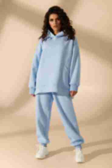 Sky blue knitted suit with fleece with hoodie with pockets and trousers