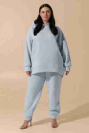 Sky blue knitted suit with fleece with hoodie with pockets and trousers plus size