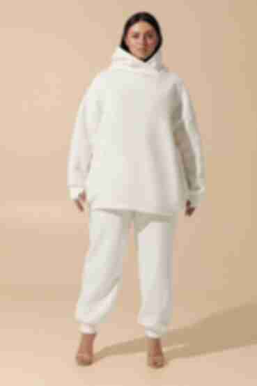 Milky suit with hooded sweatshirt and trousers made of knitted fabric with fleece plus size