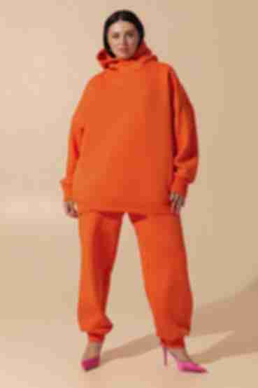 Orange suit with hooded sweatshirt and trousers made of knitted fabric with fleece plus size